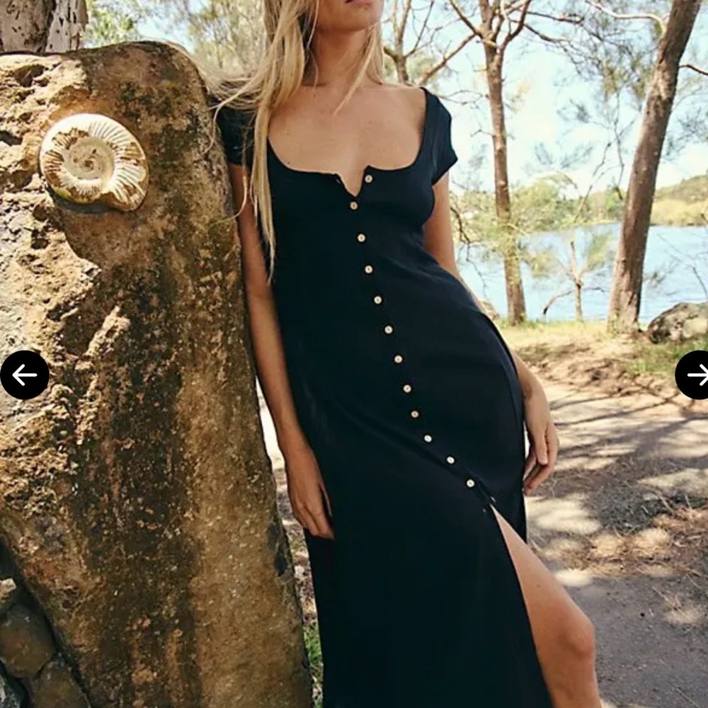 Free People Black Midi Dress with Button Detail